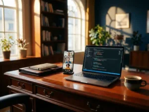 Directeur aan mahonie bureau met laptop met kleurrijke code en smartphone met videogesprek van ontwikkelaars op afstand