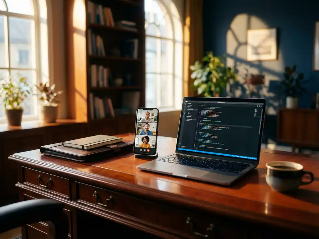 Directeur aan mahonie bureau met laptop met kleurrijke code en smartphone met videogesprek van ontwikkelaars op afstand