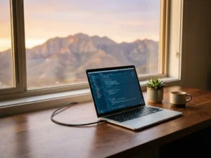 Modern laptop displaying code on wooden desk with ethernet cable, coffee cup, and succulent plant near window overlooking mountains
