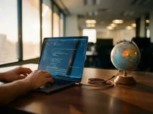 Modern laptop displaying code connected to globe highlighting Nepal and Netherlands on wooden desk with hands typing