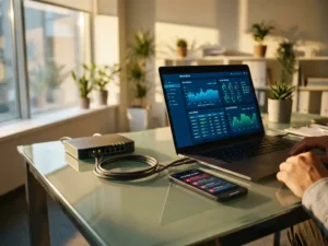 Laptop displaying server monitoring dashboards on glass desk connected to network router with smartphone showing alerts in golden office lighting