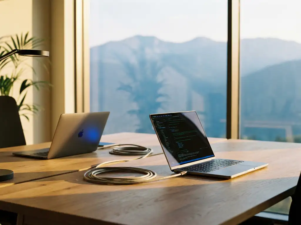 Moderne Nederlandse bureauopstelling met twee laptops, ethernet kabels en berglandschap door groot raam in warm middaglicht