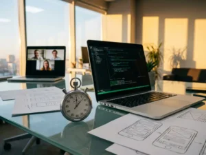 Zilveren stopwatch op glazen bureau naast laptop met code, omringd door productschetsen en wireframes in gouden uurtje licht