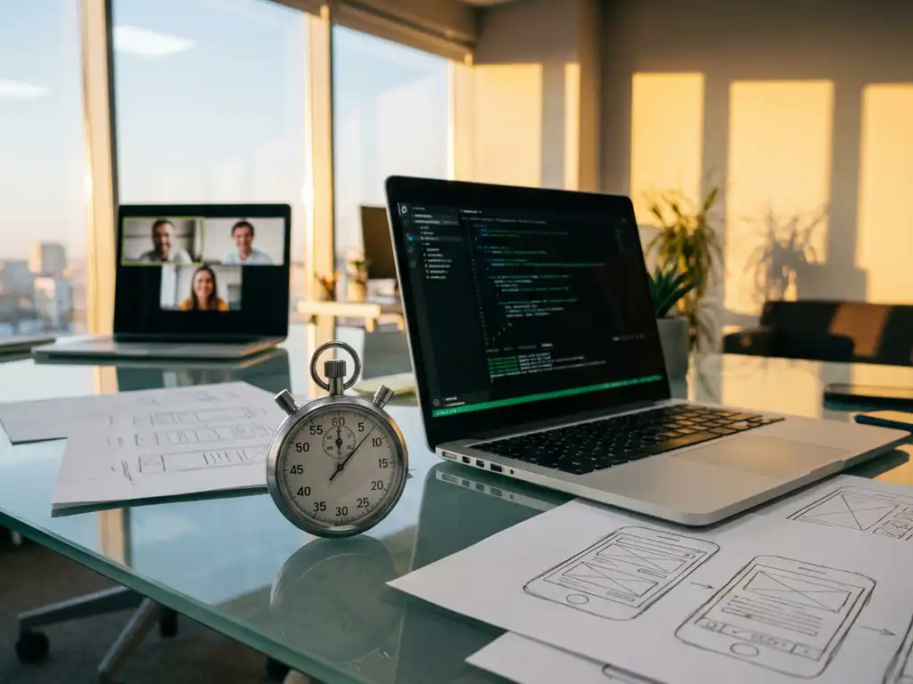 Zilveren stopwatch op glazen bureau naast laptop met code, omringd door productschetsen en wireframes in gouden uurtje licht