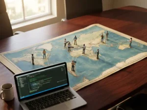 Wereldkaart op houten conferentietafel met ontwikkelaar-figuurtjes verbonden door gouden draden, laptop met code op voorgrond