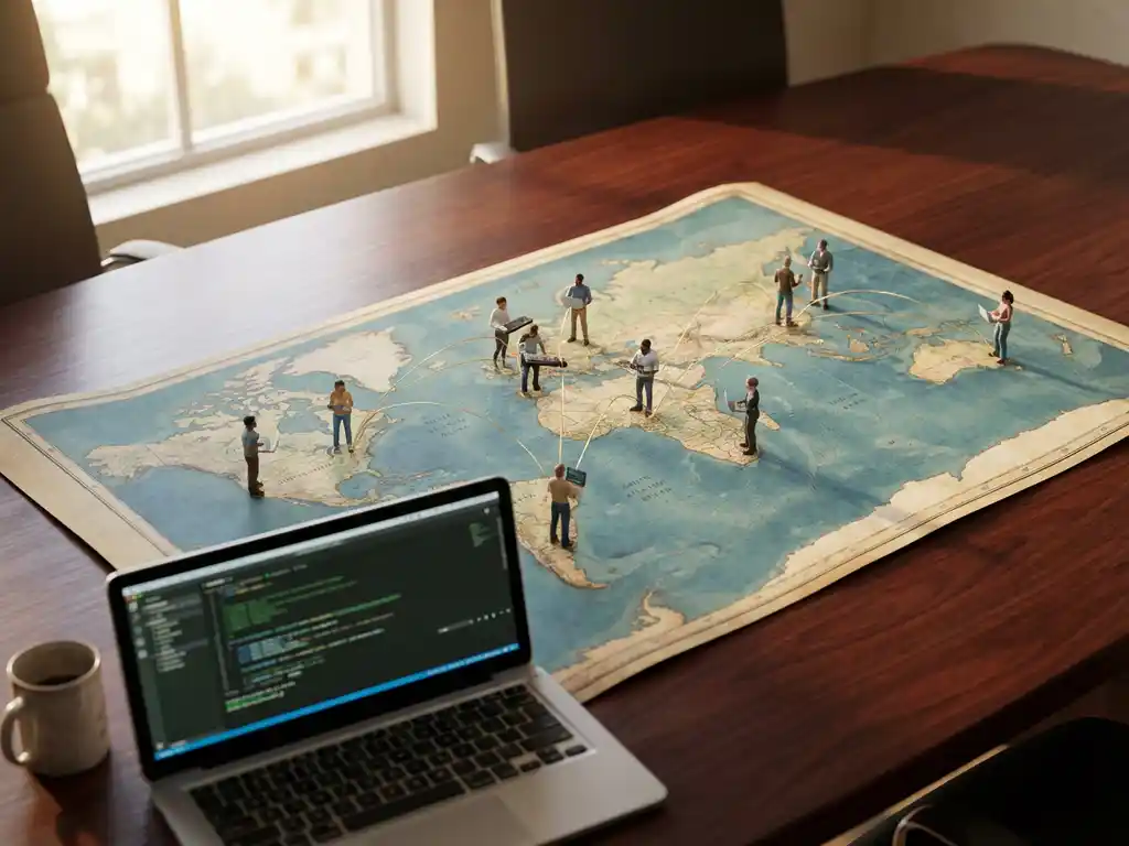 Wereldkaart op houten conferentietafel met ontwikkelaar-figuurtjes verbonden door gouden draden, laptop met code op voorgrond