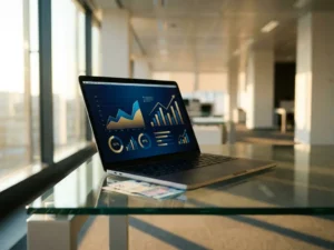 Laptop met kleurrijke winstgrafieken op glazen bureau met eurobiljetten, gouden zonlicht verlicht moderne kantooromgeving