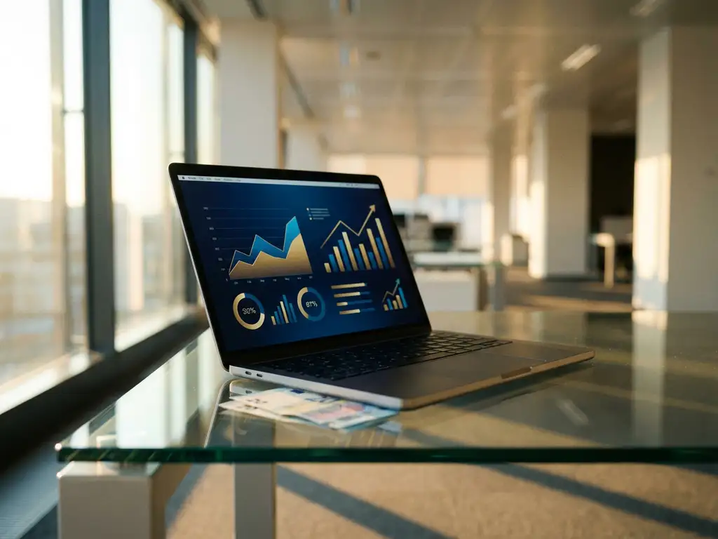 Laptop met kleurrijke winstgrafieken op glazen bureau met eurobiljetten, gouden zonlicht verlicht moderne kantooromgeving