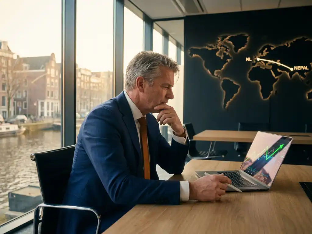 Nederlandse zakenman bekijkt stijgende financiële grafieken op laptop in modern Amsterdams kantoor met wereldkaart op achtergrond