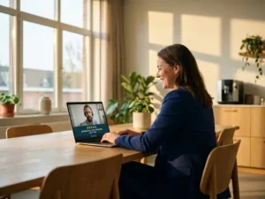 Tevreden zakelijke professional bekijkt positieve klantfeedback op laptop tijdens videogesprek met ontwikkelaar in modern kantoor