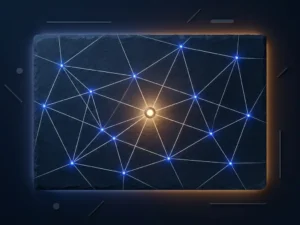 Amber-glowing central node connected to cool blue satellite nodes across a dark navy geometric network grid.
