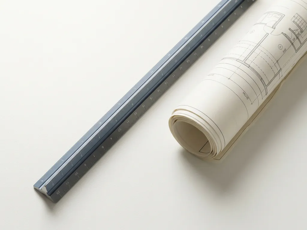 Architect's scale ruler resting diagonally across a white desk beside a geometric blueprint, flat lay with slate blue and charcoal tones.
