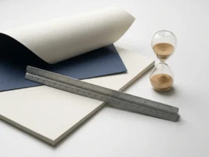 Architect's scale ruler resting on stacked contract documents beside a small hourglass on a white desk.