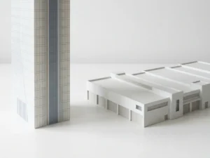 White architectural scale models of a glass skyscraper and low-rise industrial building side by side, shot at eye level with soft overhead lighting.