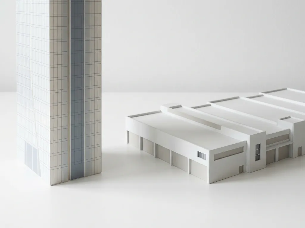 White architectural scale models of a glass skyscraper and low-rise industrial building side by side, shot at eye level with soft overhead lighting.