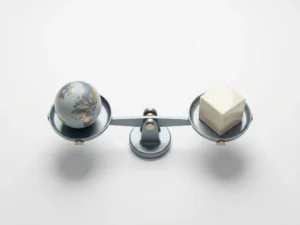 Brushed steel balance scale on white desk, one side holding a small globe and the other a geometric block, shot from above in diffused studio light.