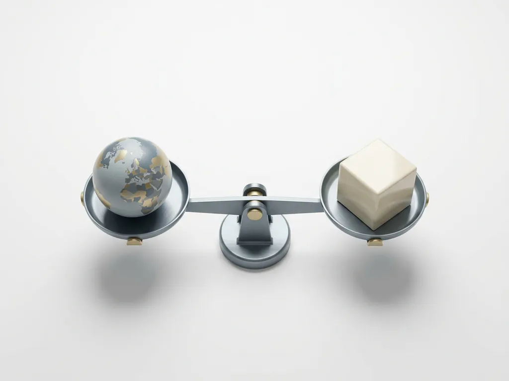 Brushed steel balance scale on white desk, one side holding a small globe and the other a geometric block, shot from above in diffused studio light.