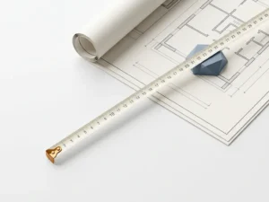 Measuring tape stretched across an architectural blueprint on a white desk, anchored by a geometric weight, in slate blue and ivory tones.