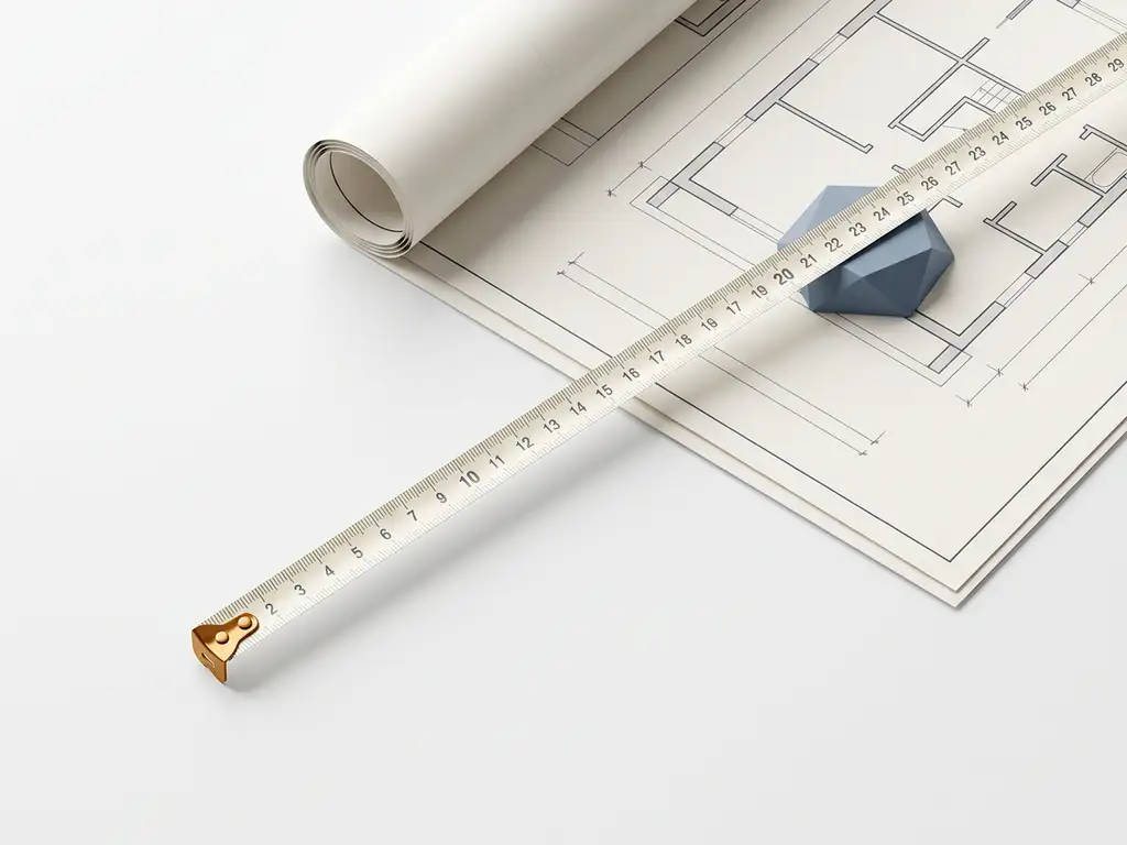 Measuring tape stretched across an architectural blueprint on a white desk, anchored by a geometric weight, in slate blue and ivory tones.