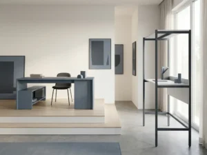 Minimalistische kantoorruimte met een breed verhoogd bureau en een smal staand bureau in wit en leisteenblauw interieur.