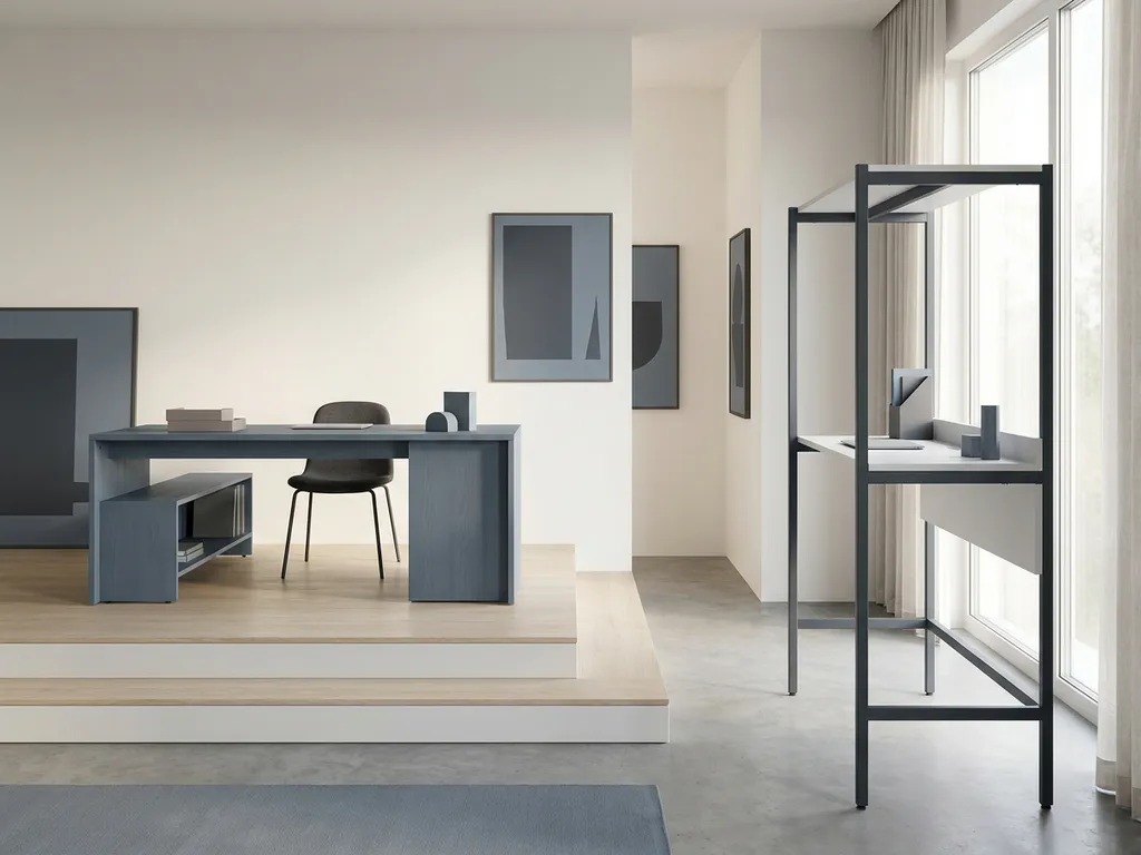 Minimalistische kantoorruimte met een breed verhoogd bureau en een smal staand bureau in wit en leisteenblauw interieur.