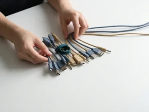 Mismatched cable connectors untangled into a single organized line on a white surface with slate blue and sand tones.
