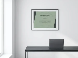 Ingelijst professioneel certificaat aan witte kantoorwand boven een minimalistisch bureau met gesloten laptop in salie- en gebroken wittinten.