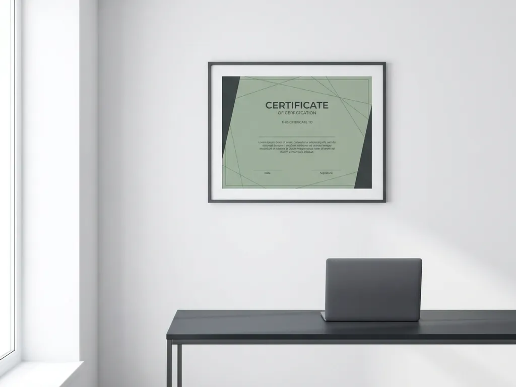 Ingelijst professioneel certificaat aan witte kantoorwand boven een minimalistisch bureau met gesloten laptop in salie- en gebroken wittinten.