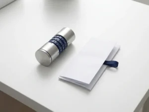 Combination lock beside a folded contract on a white desk, shot from above in navy, white, and silver tones.