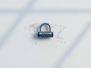 Polished steel combination lock on a white desk with a world map etching, shot from above in cool grey and navy tones.