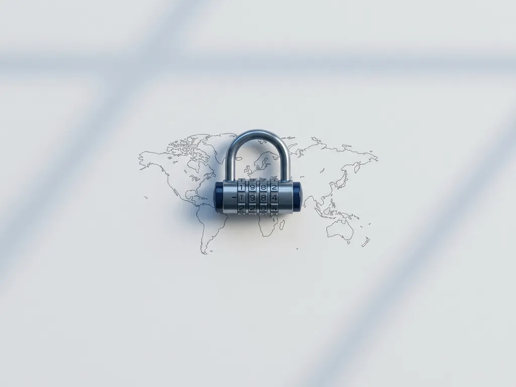 Polished steel combination lock on a white desk with a world map etching, shot from above in cool grey and navy tones.