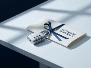 Sealed combination lock beside a folded software contract on a white desk, navy and silver tones under soft diffused light.