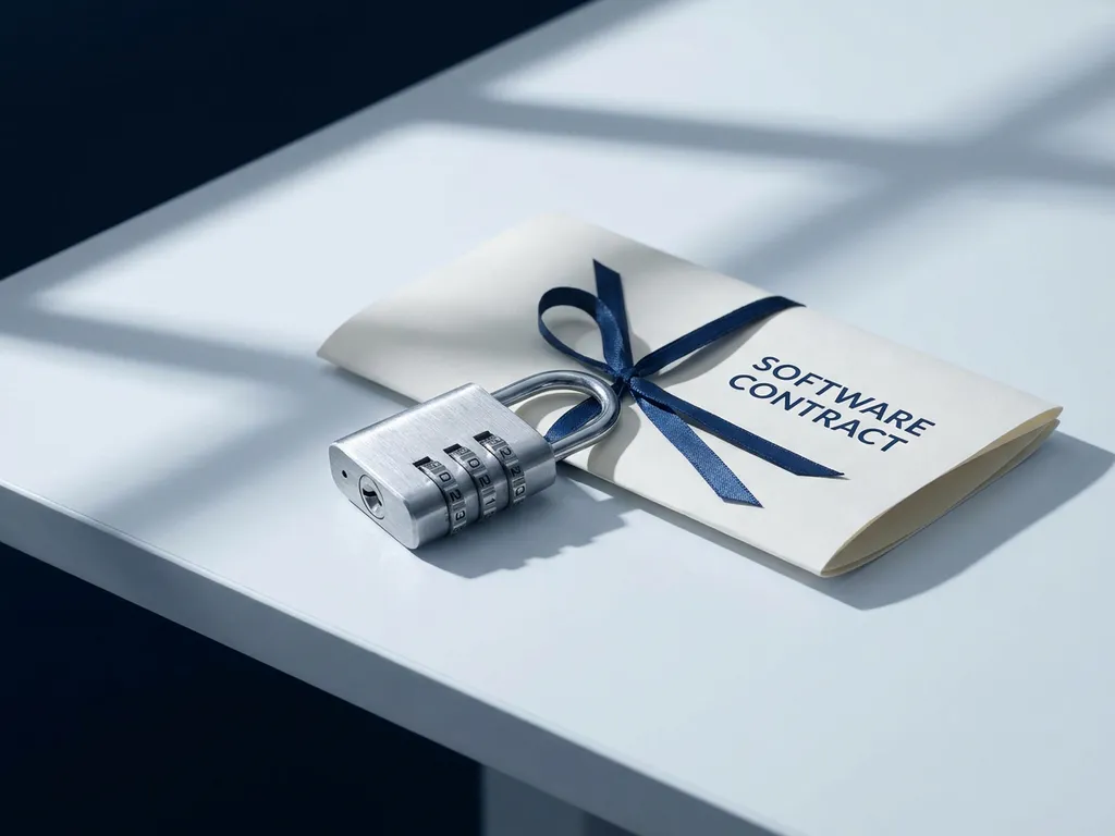 Sealed combination lock beside a folded software contract on a white desk, navy and silver tones under soft diffused light.