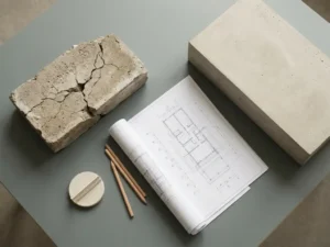 Cracked weathered concrete foundation next to a smooth new concrete slab with a technical drawing on an architect's desk.