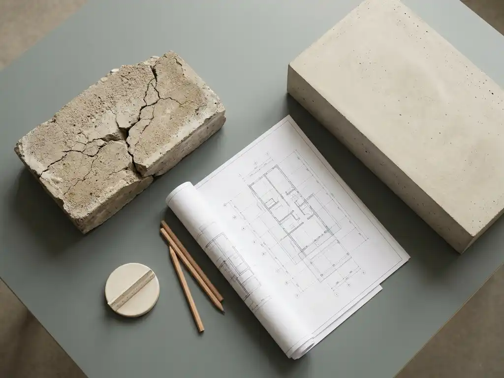 Cracked weathered concrete foundation next to a smooth new concrete slab with a technical drawing on an architect's desk.