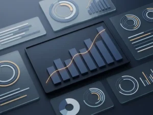 Minimalist data dashboard with amber trend line cutting through muted blue bar charts on a dark slate surface.