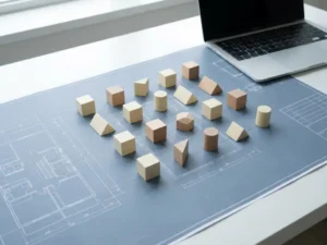 Architectuurblueprint op wit bureau met houten blokken in rasterpatroon die databaseschemarelaties visualiseren, laptop op achtergrond.
