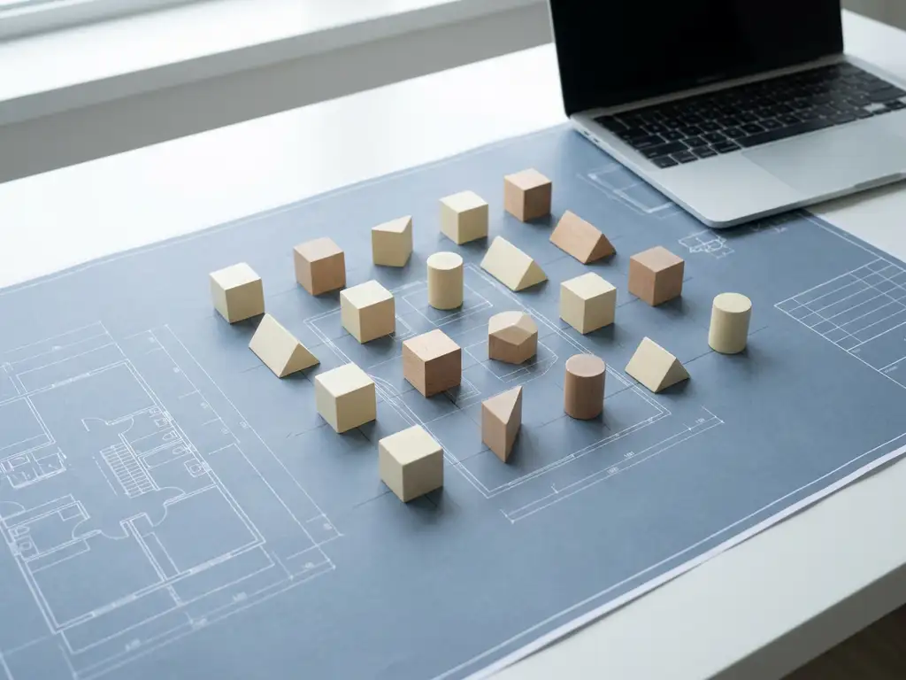 Architectuurblueprint op wit bureau met houten blokken in rasterpatroon die databaseschemarelaties visualiseren, laptop op achtergrond.
