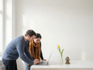 Two developers collaborating on a laptop at a white desk, a Dutch tulip and Nepalese brass ornament beside them in warm amber and slate blue light.