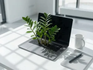 Groene plant die opgroeit uit een laptoptoetsenbord op een minimalistisch wit bureau, zacht natuurlijk licht.