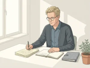 Dutch CTO transcribing handwritten notes into a clean notebook at a minimalist white desk with a binder and potted plant nearby.