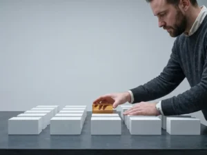 Dutch project manager carefully repositioning an amber-highlighted white block among a precise grid of identical blocks on a slate-gray surface.