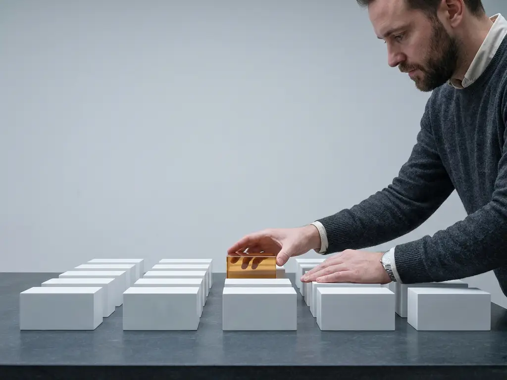 Dutch project manager carefully repositioning an amber-highlighted white block among a precise grid of identical blocks on a slate-gray surface.