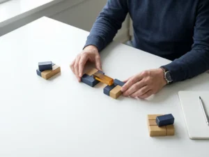 Project manager arranging geometric puzzle pieces on a white desk, one piece connecting two clusters, in navy, sand, and amber tones.
