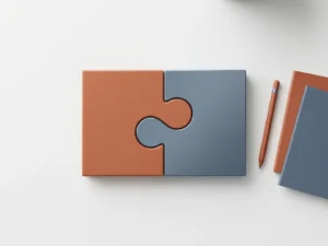 Terracotta and slate blue geometric puzzle pieces interlocking on a white surface, symbolizing Dutch project manager and remote developer collaboration.