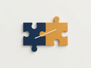 Navy blue and amber puzzle pieces fitting together on a white desk, symbolizing Dutch project manager and remote developer collaboration.