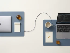 Two minimalist desk setups connected by a cable, symbolizing Dutch project manager and remote developer collaboration, in slate blue and warm off-white tones.