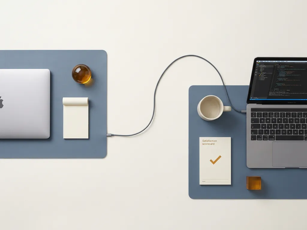 Two minimalist desk setups connected by a cable, symbolizing Dutch project manager and remote developer collaboration, in slate blue and warm off-white tones.