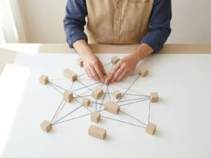 Dutch project manager arranging minimalist wooden blocks in a precise network formation on a white desk, shot from above in soft diffused daylight.