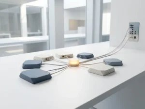 Cluster van edge computing nodes op minimalistisch wit bureau in modern Nederlands kantoor, verbonden als een stille constellatie in leisteenblauw en gebroken wit.